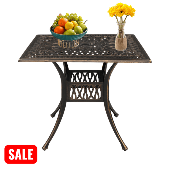 Tcbosik 35.4 inch Square Dining Table, Outdoor Cast Aluminum Table with 2" Umbrella Hole, Patio Table for Garden, Backyard, Poolside, Bronze