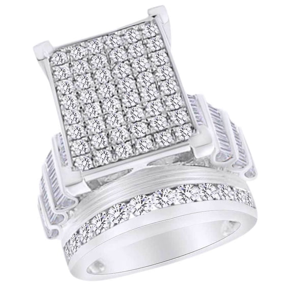 AFFY Round & Baguette Cut White Natural Diamond Engagement Ring In 10k White Gold (1.500 cttw) Ring Size-4