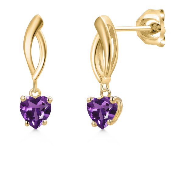 Gem Stone King 10K Yellow Gold Purple Amethyst Dangle Earrings for Women | 0.84 Cttw | Gemstone February Birthstone | Heart Shape 5MM