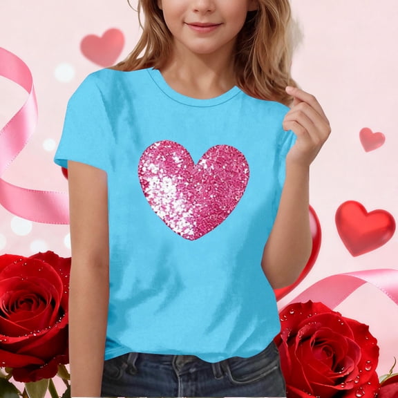BRGZLK Children Valentine Day Tshirts Trendy Casual Cute Love Heart Print Graphic Round Neck Short Sleeve T Shirt Top Valentine's Gifts Tops Blue 10-11 Years