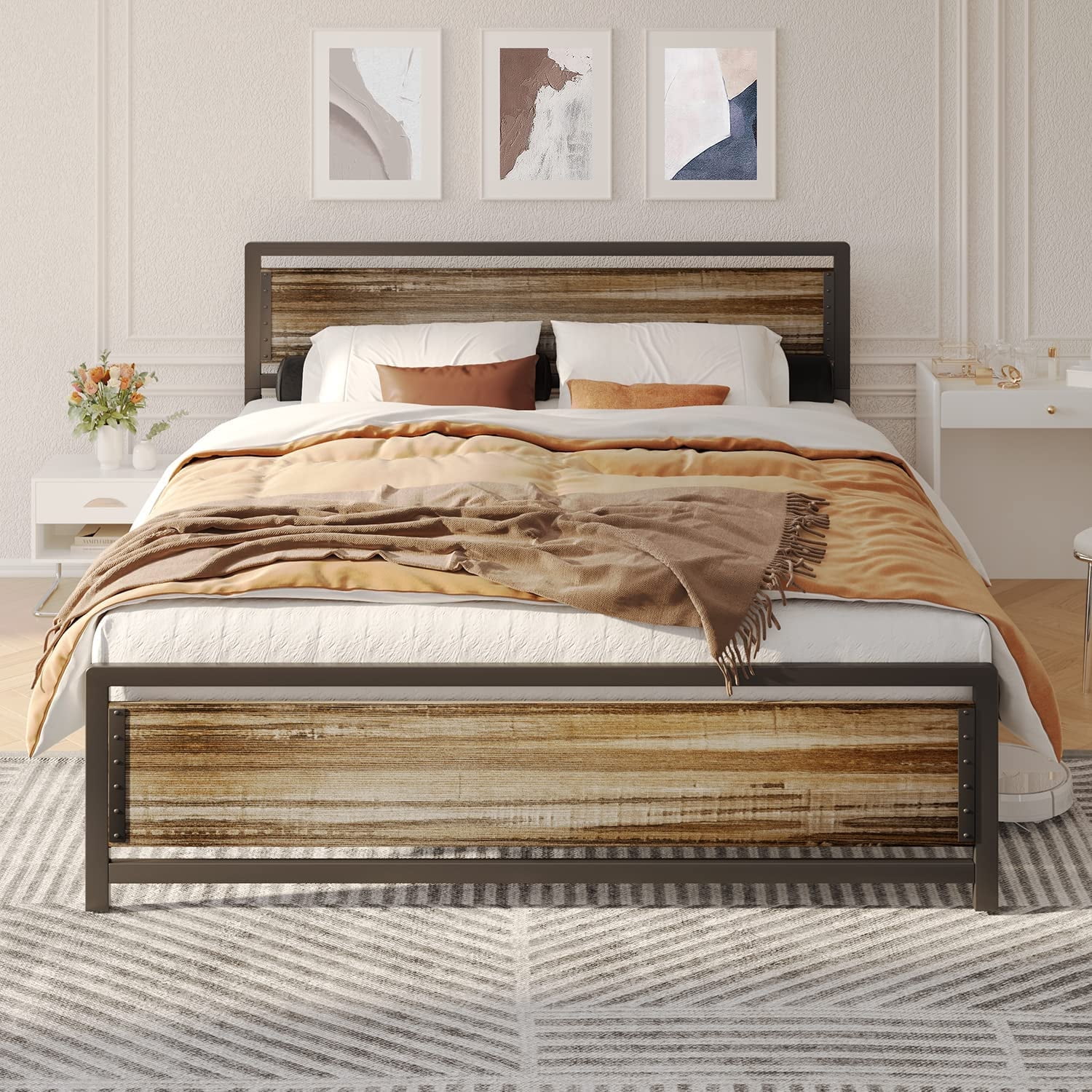 Queen Bed Frame, Lofka Queen Size Platform Bed Frame with Wooden Headboard and Footboard, 800lbs, Gray
