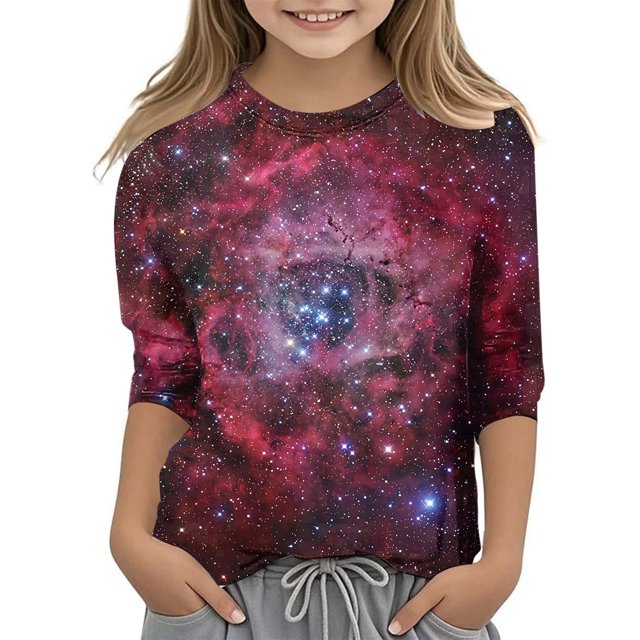 Girls Fall Tshirts Starry Sky Print Round Neck 3/4 Sleeve Children Hot Pink Going Out Fall Tops for 8-9 Years