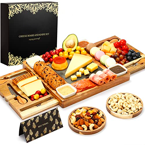 Cheese Board Set Knife Set,Wood Charcuterie Boards,Cheese Tray With Cutlery In Double SlideOut