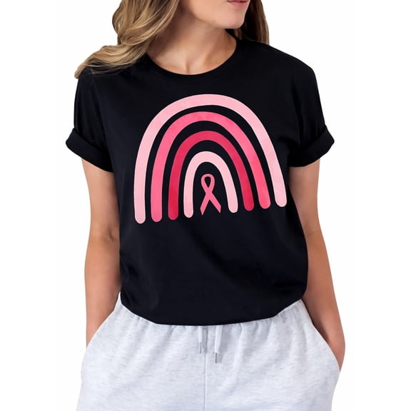 Breast Cancer Shirt Women Pink Ribbon Breast Cancer Awareness Rainbow T-Shirts Cancer Care Short Sleeve Tee Top