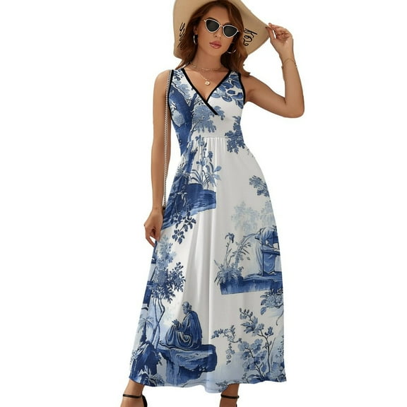 Chinoiserie Toile Blue Dress Summer Street Style Bohemia Long Dresses Female Sleeveless Printed Maxi Dress