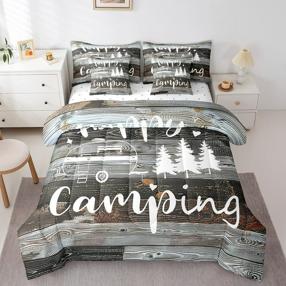 Erosebridal Happy Camping Camper Bed in a Bag Twin Size, Rustic Farmhouse Bed Set, Gray Old Barn Door Bed Sheets Setp with Comforter, Super Cozy Bedroom Decorative, Reversible 7 Pieces