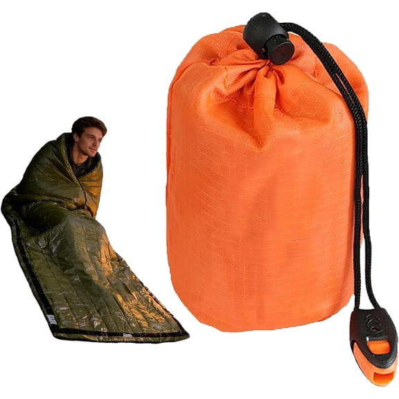 Blanket, Emergency Sleeping Bag with Whistle, Portable Emergency Survival Bag, Lightweight Pocket Size Emergency Sleeping Bag, Waterproof Thermal Bivy Sack for Camping, Hiking