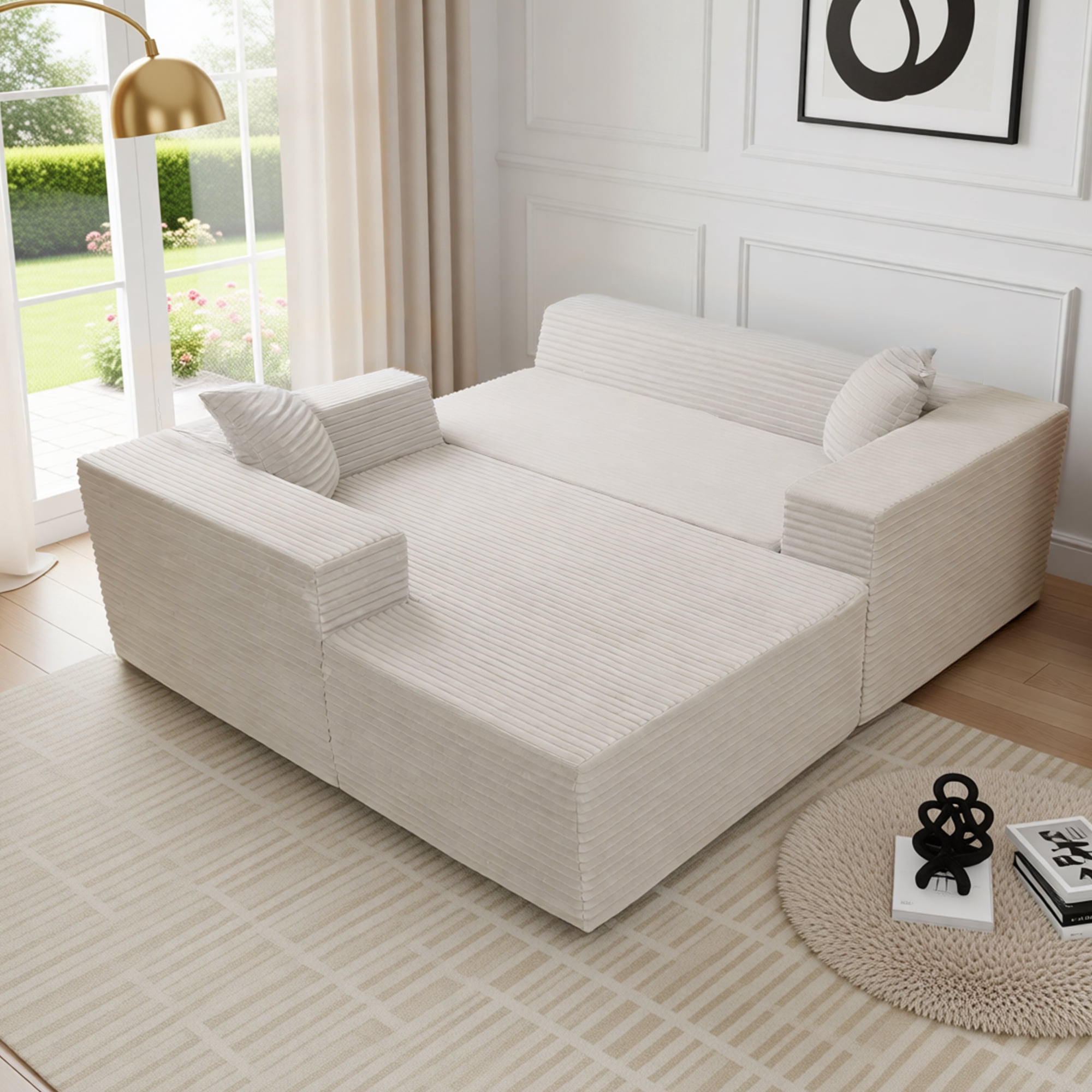 94" Sectional Sofa with Lounge, L-Shape Living Room Cloud Modular Convertible Sleeper Sofa, Corduroy Couch Deep Seat Sleeper Set,Bedroom Reversible Sofa W/Pillows,Beige,Left