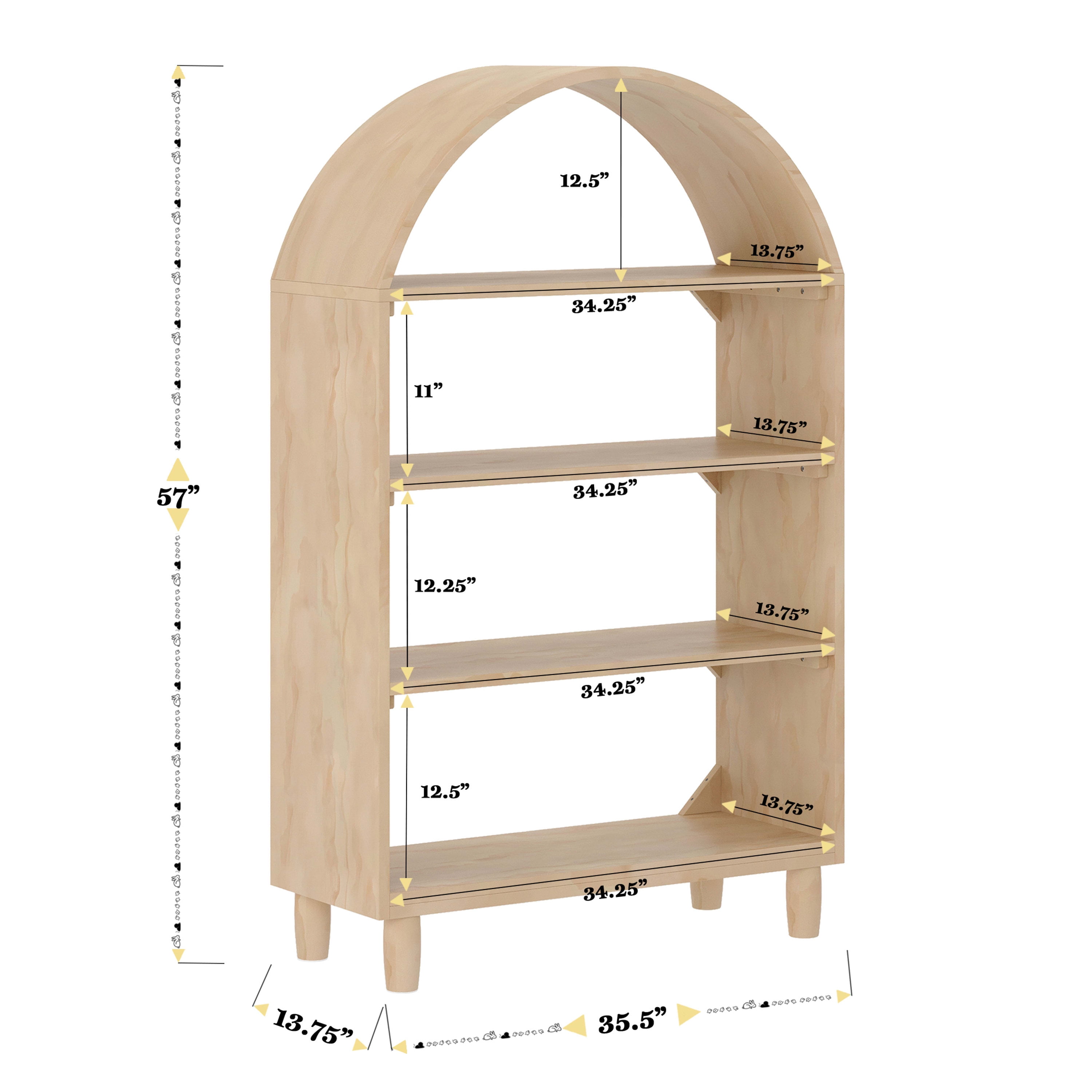 Buzz & Bloom Kids Open-Style Engineered Wood Bookshelf with 4 Shelves and Covered Rounded Top, Natural