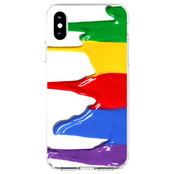 DistinctInk Clear Shockproof Hybrid Case for iPhone XR (6.1" Screen) - TPU Bumper, Acrylic Back, Tempered Glass Screen Protector - Rainbow Paint Dripping - Rainbow Art Supplies