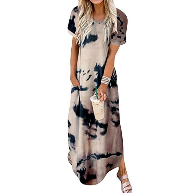 Robe Maxi Teinture sur Nœuds pour Femmes à Fente Latérale, Manches Courtes, Col Ras du Cou, avec Poches