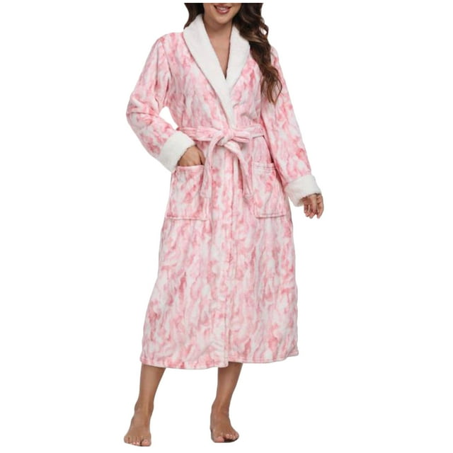 WRKEKC Womens Robe Hooded Tie Waist Pocketed Plush Long Sleeve Long Robe Womens Cozy Bathrobe for Home Wear