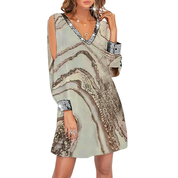 DYMADE Women Plus Size Splice Sequin Off Shoulder Print V-neck Dress