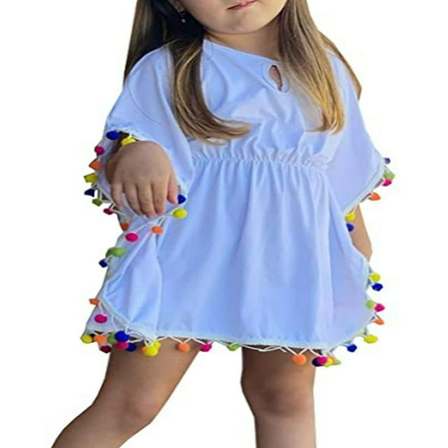 Vêtements pour Filles Bébés Couverture de Bain Été Plage Pompon Robe Blanche 4-5 Ans