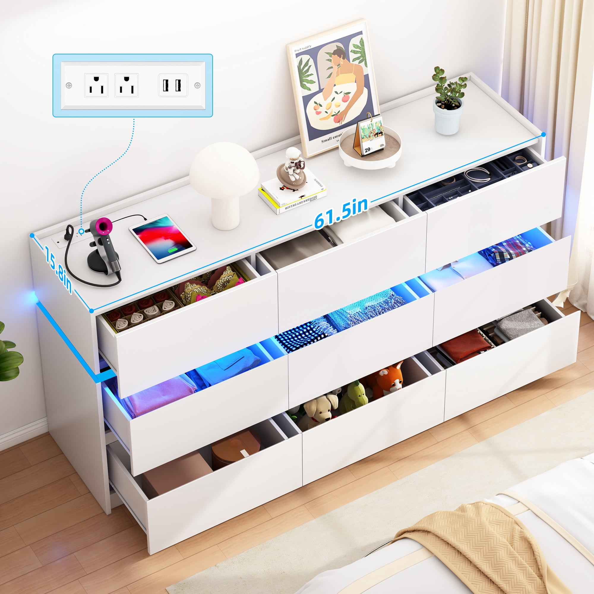 HAUXITIO 9 Drawer Dresser Chest with Charging Station and LED Lights for Bedroom, Modern TV Stand Cabinet, White