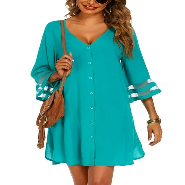 PENGXIANG Robe de Plage en Chiffon à Manches 3/4, Col en V, Coupe Ample, Couleur Unie