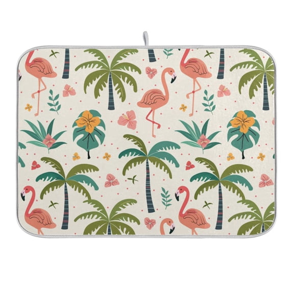 Cute Flamingo Palm Tree Flower Dish Drying Mat 16x18 Absorbent Microfiber Draining Rack Pad for Kitchen Counter Sink