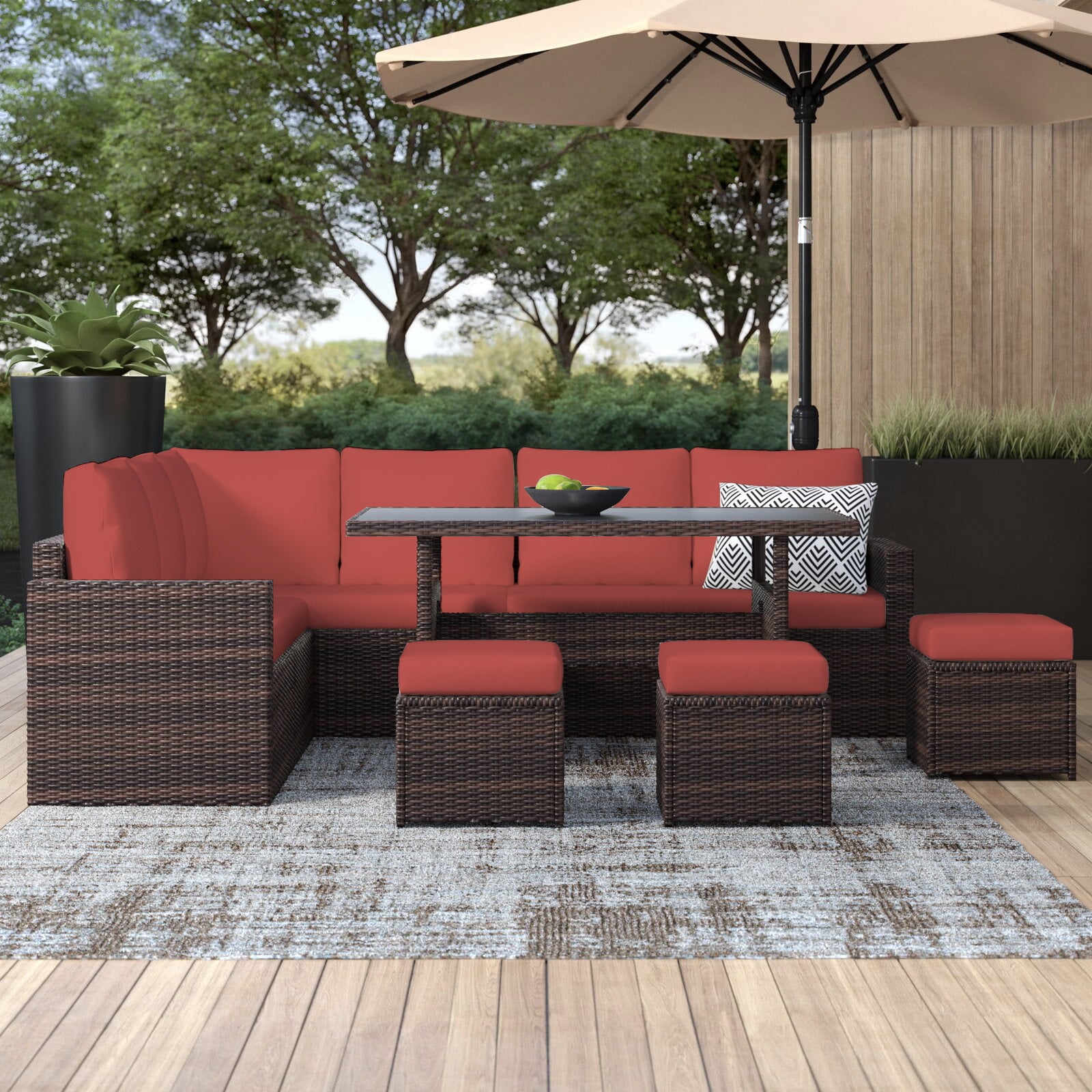 Superjoe 7 Pcs Outdoor Dining Sectional Sofa Couch All Weather Wicker Conversation Set with Table, Red