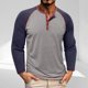 thumbnail image 1 of Blusas y camisas de manga larga con cuello redondo para hombre, informales, de manga larga, cuello redondo, medio botón, a cuadros, con bolsillos y bloques de color, blusas de poliéster para hombre, 1 of 8