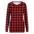 thumbnail image 4 of HOMBOM Womens Red T-Shirts Plaid V-Neck Tops with Pocket Long Sleeve Loose for Ladies, 4 of 5