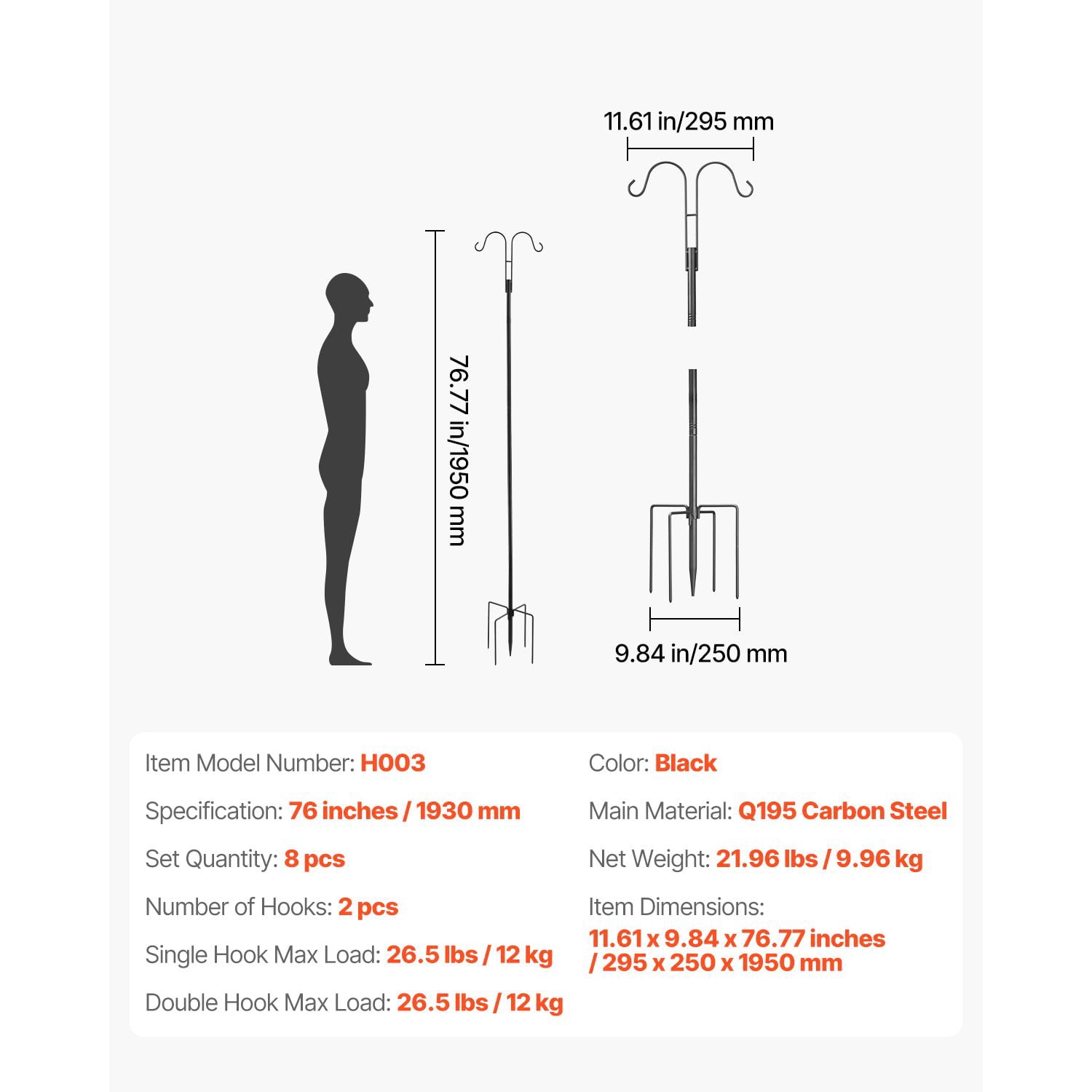 Double Shepherd Hook 76 3/4 Thick 8 Pack, Heavy Wrought Iron, Outdoor Hanging Bird Feeder, Plant Basket, Wind Chimes