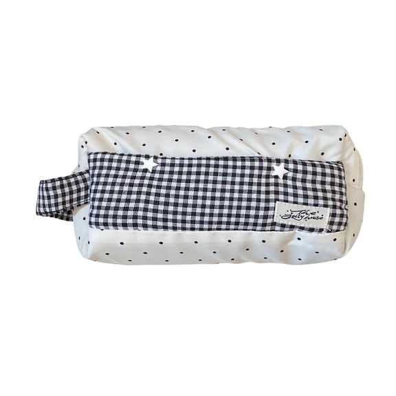 Cute Vintage Pencil Case,Cute Plaid Pencil Case with Handle, Dot Pen Pencil Pouch Preppy Plaid Makeup Bag Large Capacity Stationery Storage Bag