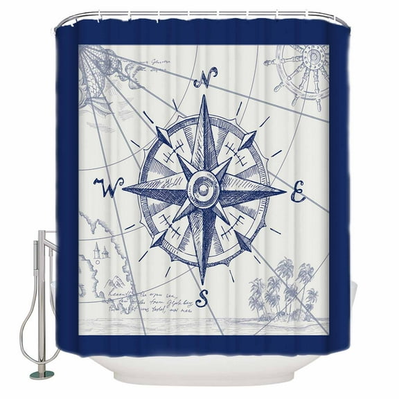 Fabric Shower Curtain, Blue Navigation Compass Pattern Shower Curtains with 12 Hooks Waterproof Machine Washable Bath Curtains for Bathroom,48x 72in