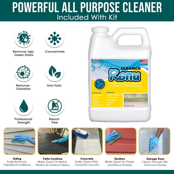 Renu Cleaner Concentrate Whole House Kit - Heavy Duty Cleaner, Removes Stains, Oxidation & More. Ideal For Vinyl Siding, Decks, , Fences, Pavers & Outdoor Fabrics. Cleans an Incredible 3000