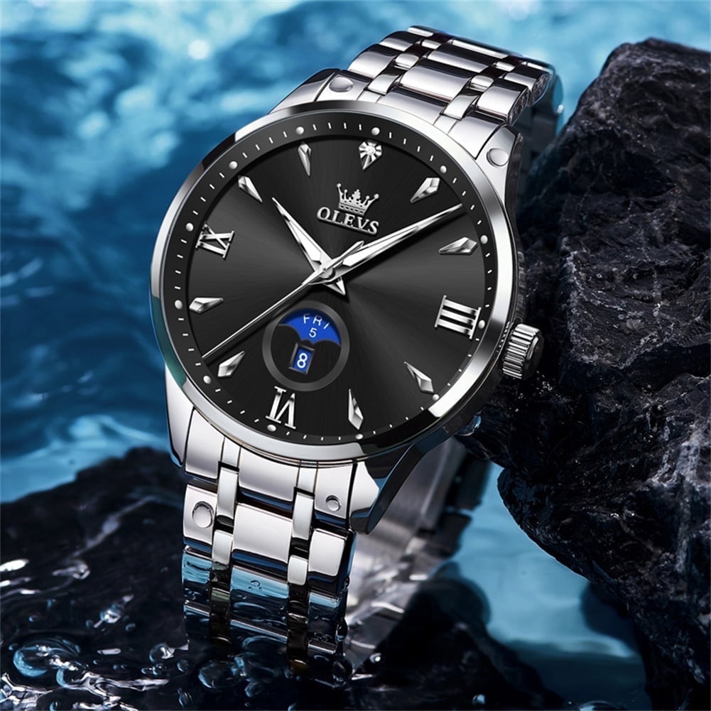 OLEVS Watches for Men Business Dress Casual Analog Quartz Stainless Steel Waterproof Luminous Men Wrist Watches Reloj Para Hombre Black Dial