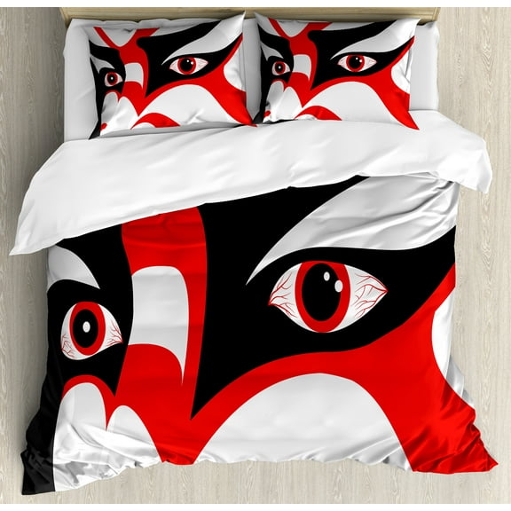 Ambesonne Kabuki Duvet Cover Set, Japanese Drama Face, King, Black White Orange