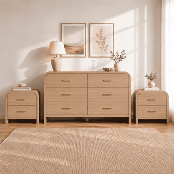 Vintagearth 3-Piece Bedroom Dresser and Nightstand Set, 53.81"W 6-Drawer Dresser & Two 2-Drawer Nightstands, Curved Bedroom Furniture Set, Oak
