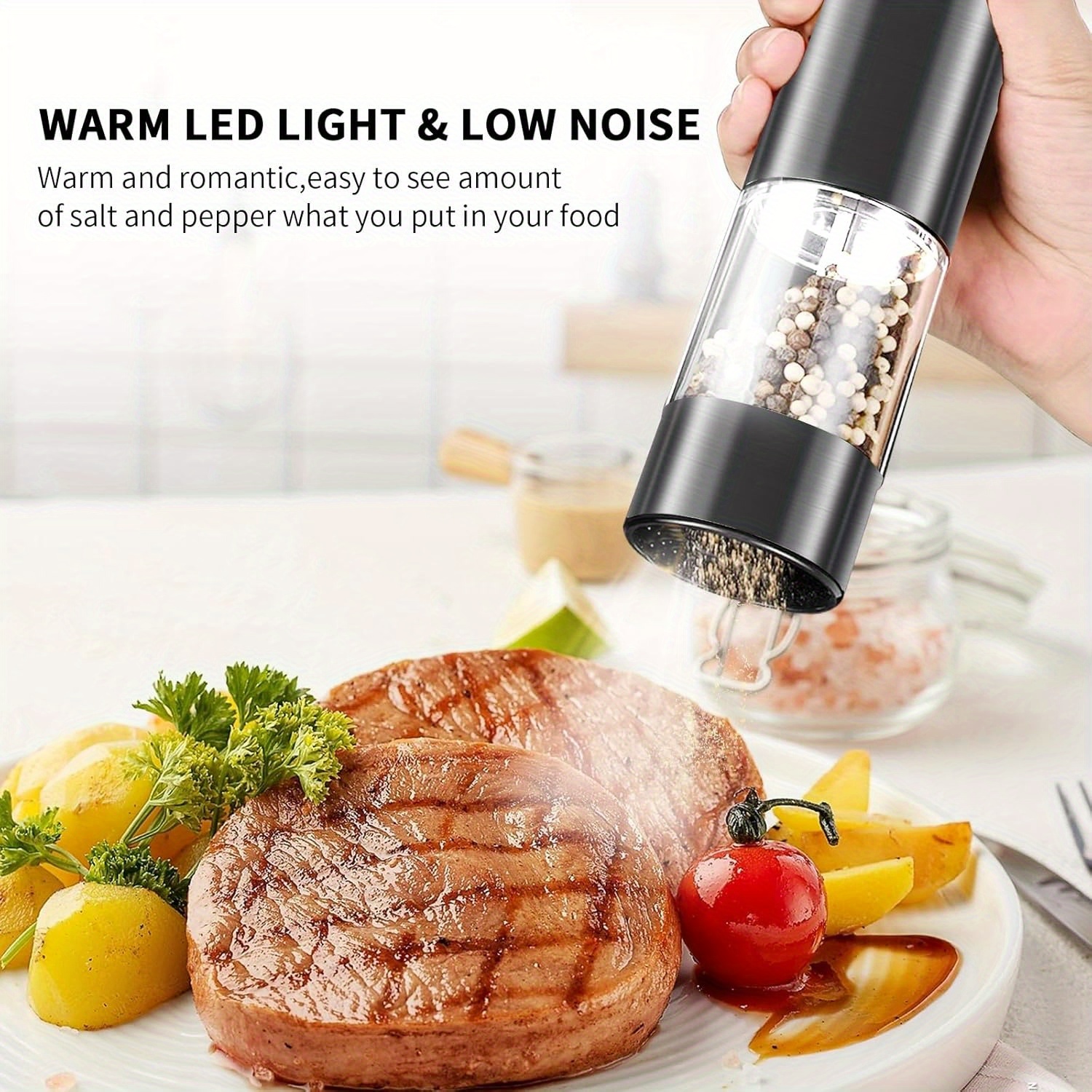 Electric Salt and Pepper Grinder Set Stainless Steel Salt and Pepper Mill Led Light Automatic One Handed Operation Rechargeable Adjustable Shakers Ceramic Rator 2 Pack Black Stainless Steel