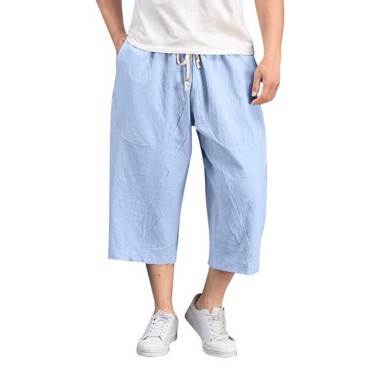 Men Cotton Linen Baggy Wide Leg Pants Men Hanging Crotch Hip Hop Bloomers  Pants Men\'s Calf-Length Cross Pants Trousers Size: L, Color: blue grey
