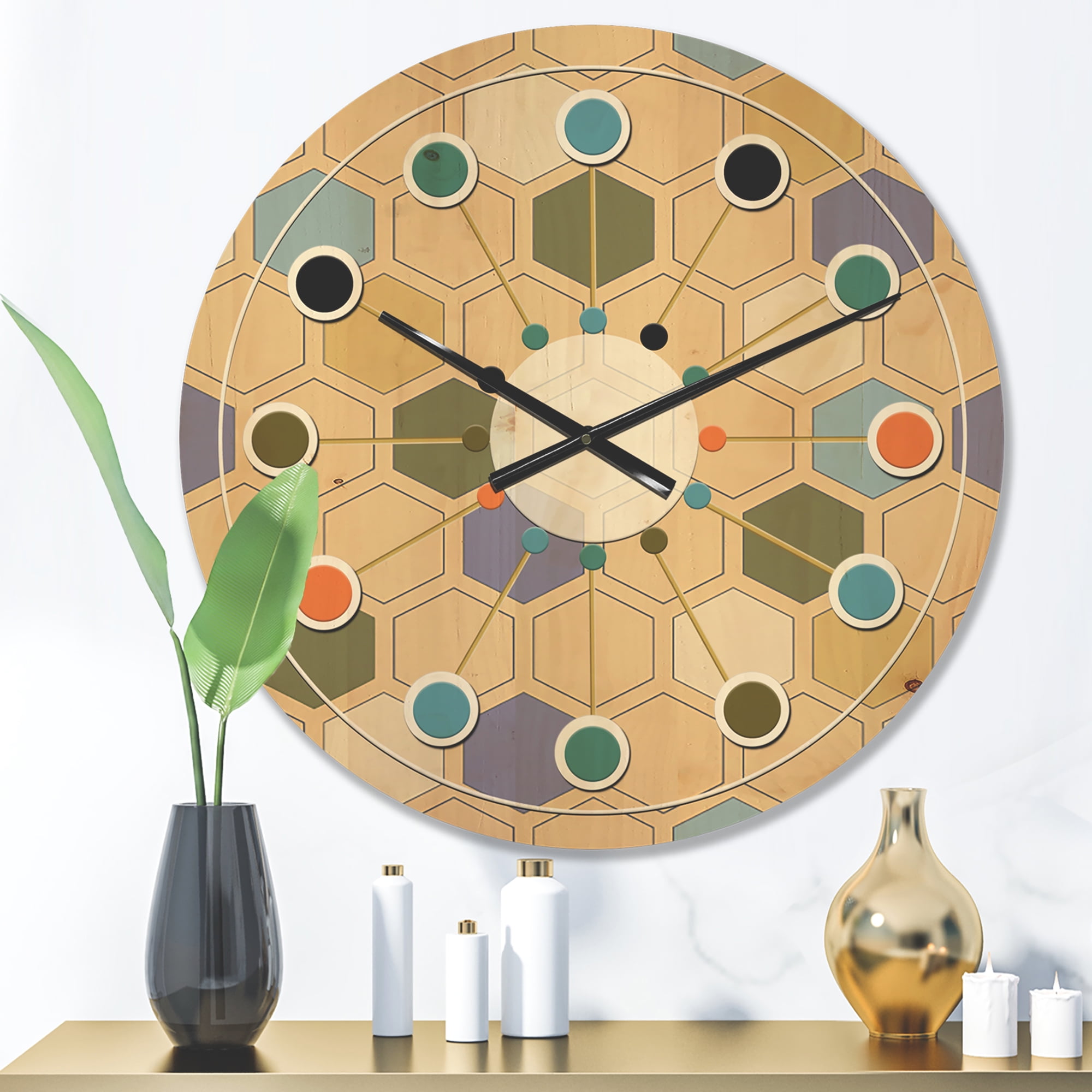 Designart 'Hexagon Retro Pattern VI' Mid-Century Modern Wood Wall Clock