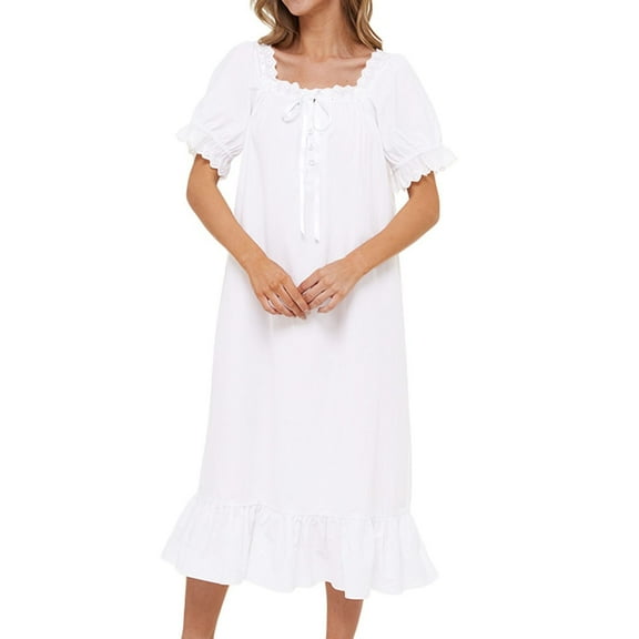 Previn Women's Cotton Victorian Nightgown Cute Pajamas Dress Princess Summer Long Night Dress Vintage Short Sleeve Ruffle Comfy Soft Sleepwear White 01 Small
