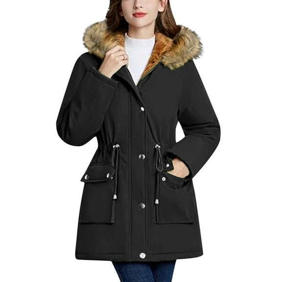 Inleife Winter Coats for Women Women Solid Color Rain Jacket Outdoor Hooded Windproof Loose With Pocket Coat