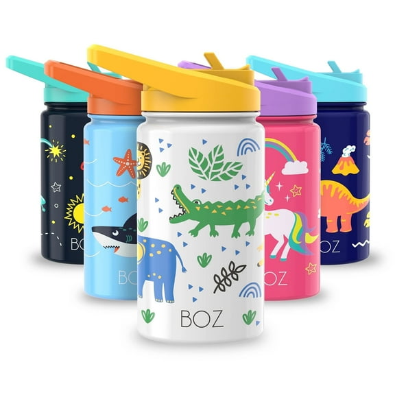 BOZ Kids Safari Animals Water Bottle with Straw Lid, 14 oz / 414 ml, Double Wall Stainless Steel, BPA-free and Dishwasher-safe