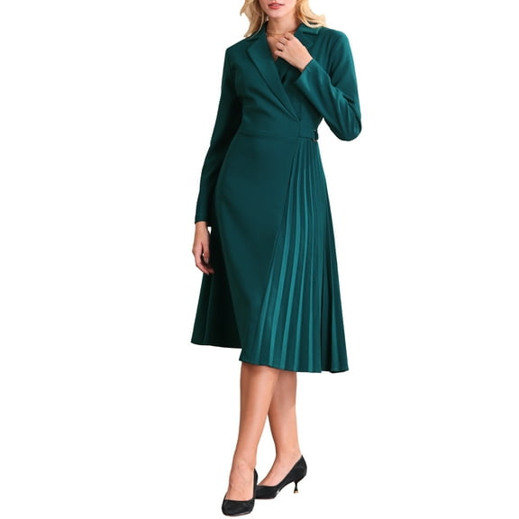 INSPIRE CHIC Women's Notch Lapel Wrap Neck Long Sleeve A-Line Midi Pleated Dress S Green Blue