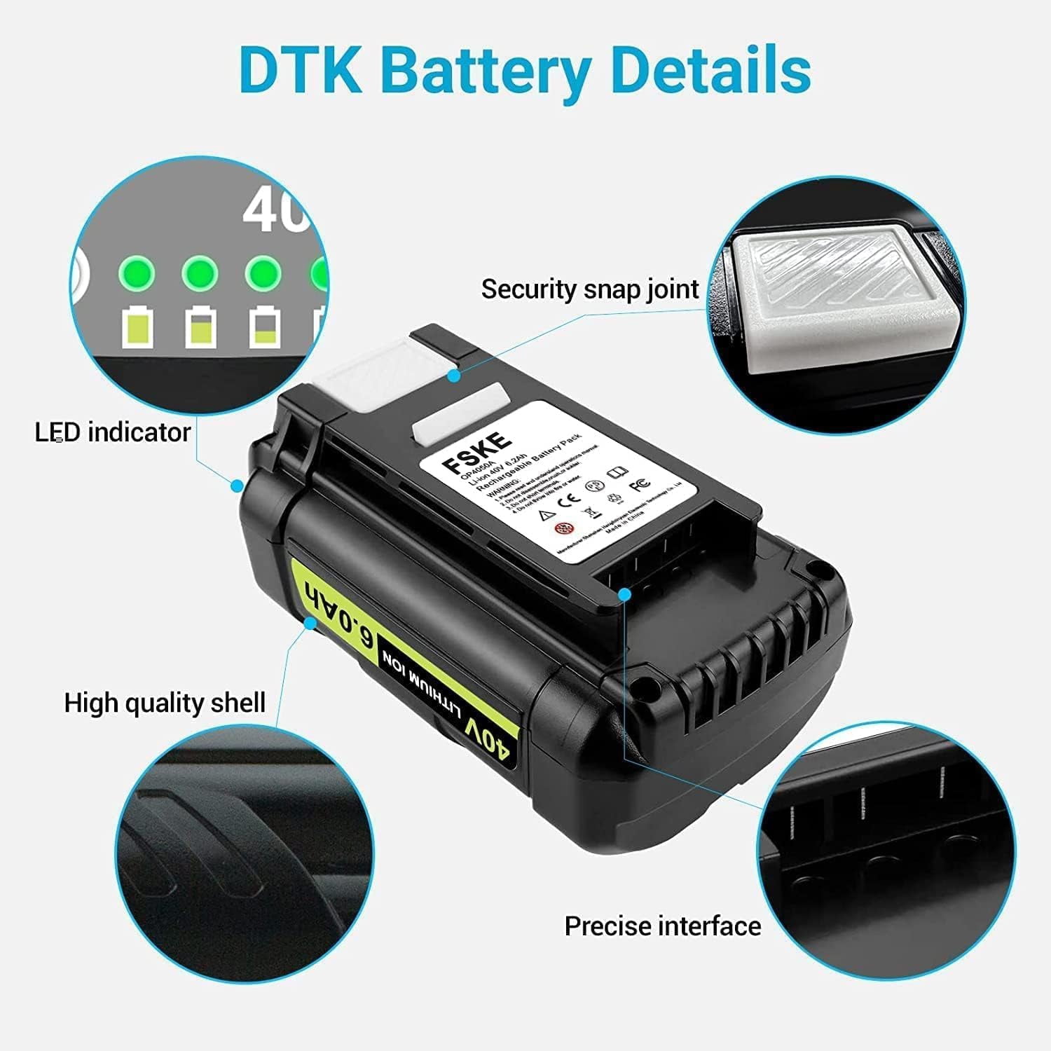 FSKE 6.2Ah 40V Replacement for Ryobi 40V Battery OP4040 OP4026 OP4030 OP4050 OP4060A Cordless Tool Battery