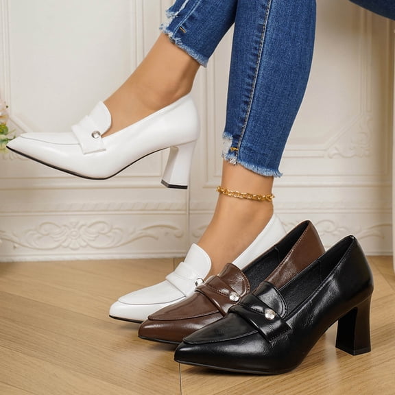Women's Wide Width Block Heel Pumps, Breathable Faux Leather Pointed Toe Shoes with Decorative Strap, Comfortable Chunky Heel Dress Shoes for Work, Party, Daily Wear - Black/White/Brown