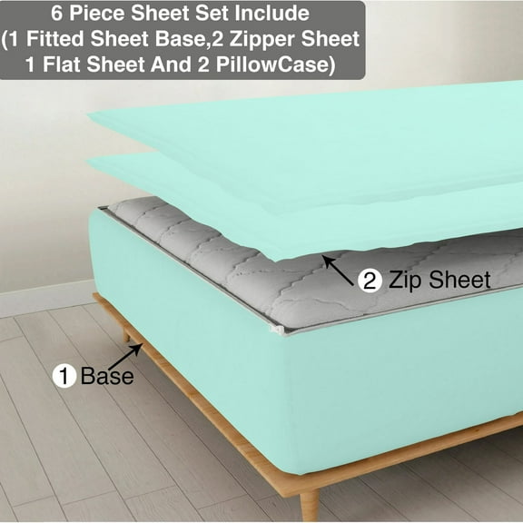 DNG Creations 6 Piece Zipper Sheet Set - Include (1 Fitted Sheet, 2 Base Sheet has Zipper, 1 Flat Sheet And 2 Pillowcase) 6 Inch Deep Pocket ( Solid Aqua Blue - Twin )