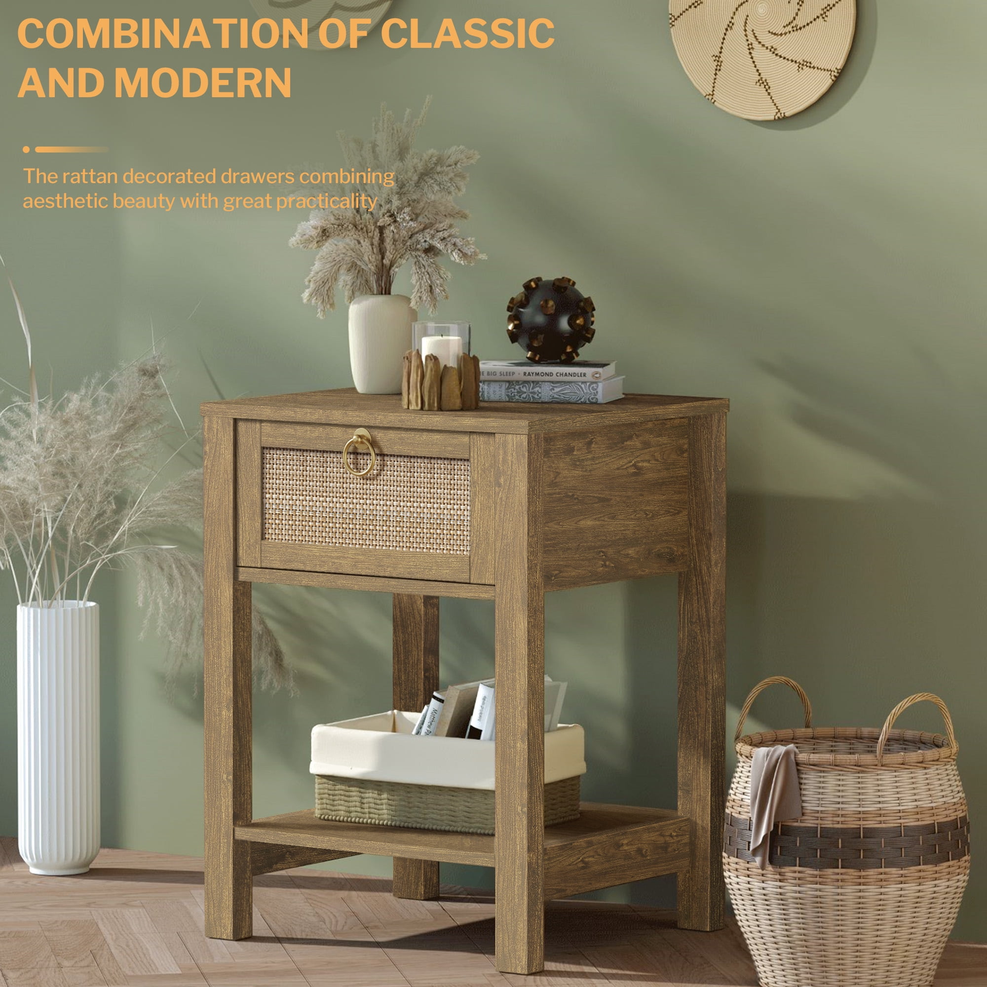 SICOTAS Rattan Nightstands Set of 2, Cherry Farmhouse Boho End Side Table with Drawers, Engineered Wood Accent Bedside Table for Bedroom, Living Room