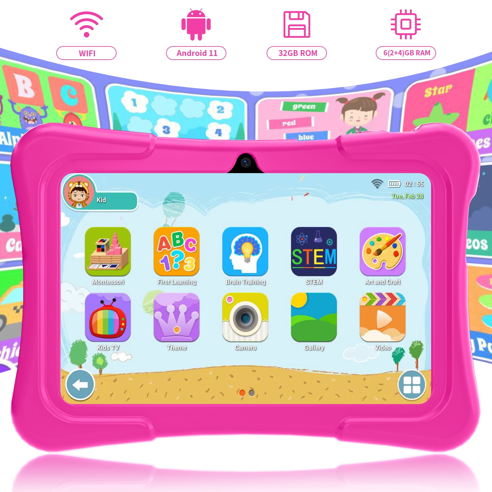 EDDBNi 7" Kids Tablet，6GB RAM 32GB ROM Android Tablet Computer for Children，parental controls，Eye Protection Toddler Tablet for Ages 4-12（Rose red）