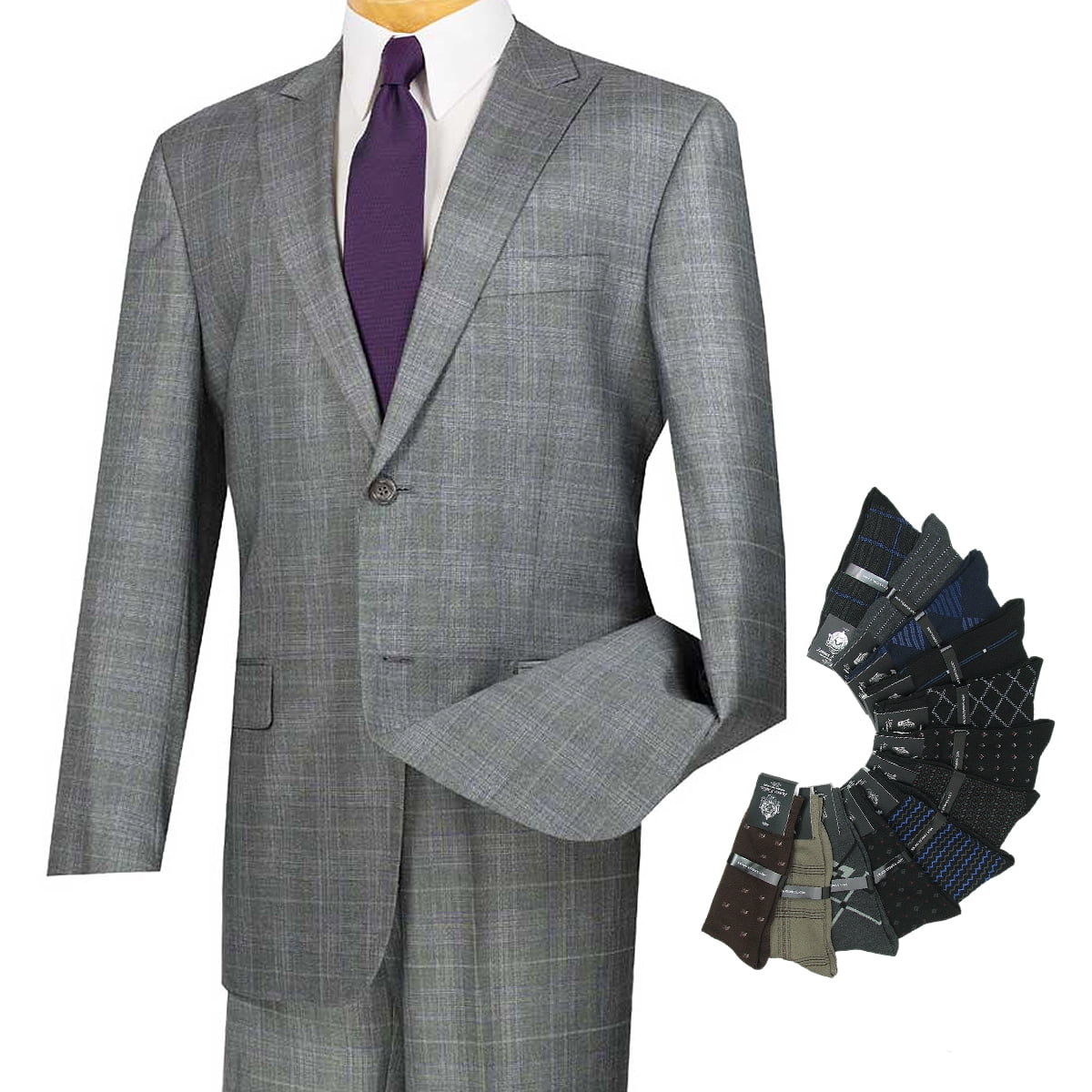 VINCI Men's Beige Glen Plaid 2 Button Slim Fit Suit w/ Stretch Armhole NEW 