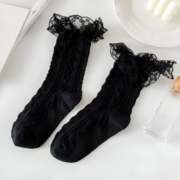 TELOLY Women's Lace Ruffle Frilly Socks Crew Socks Cotton Cute Ankle Dress Socks For Girl White Black Mesh Lace Trim Ankle High Socks For Women, Black Women's Accessories Socks