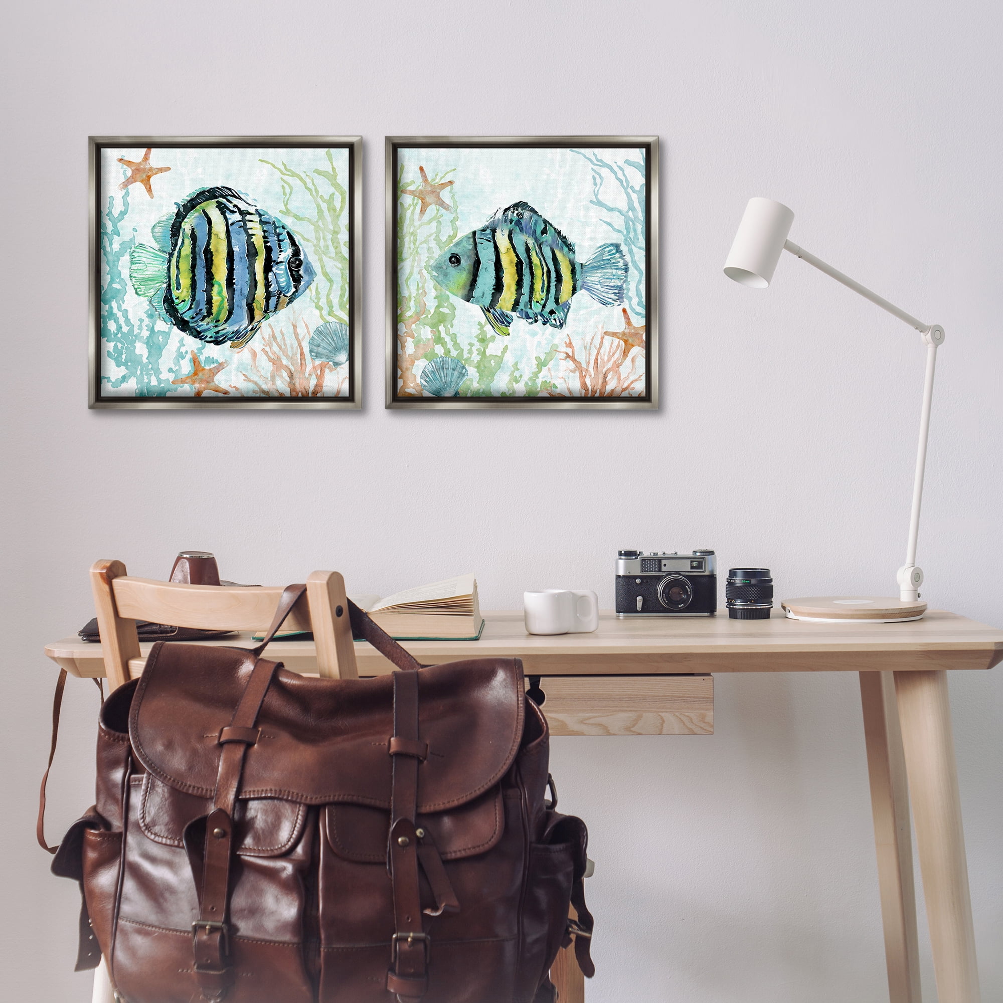 Stupell Industries Aquatic Striped Fish Animals Painting Gray Floater Framed Canvas Art Print Wall Art, 18 x 18, Set of 2
