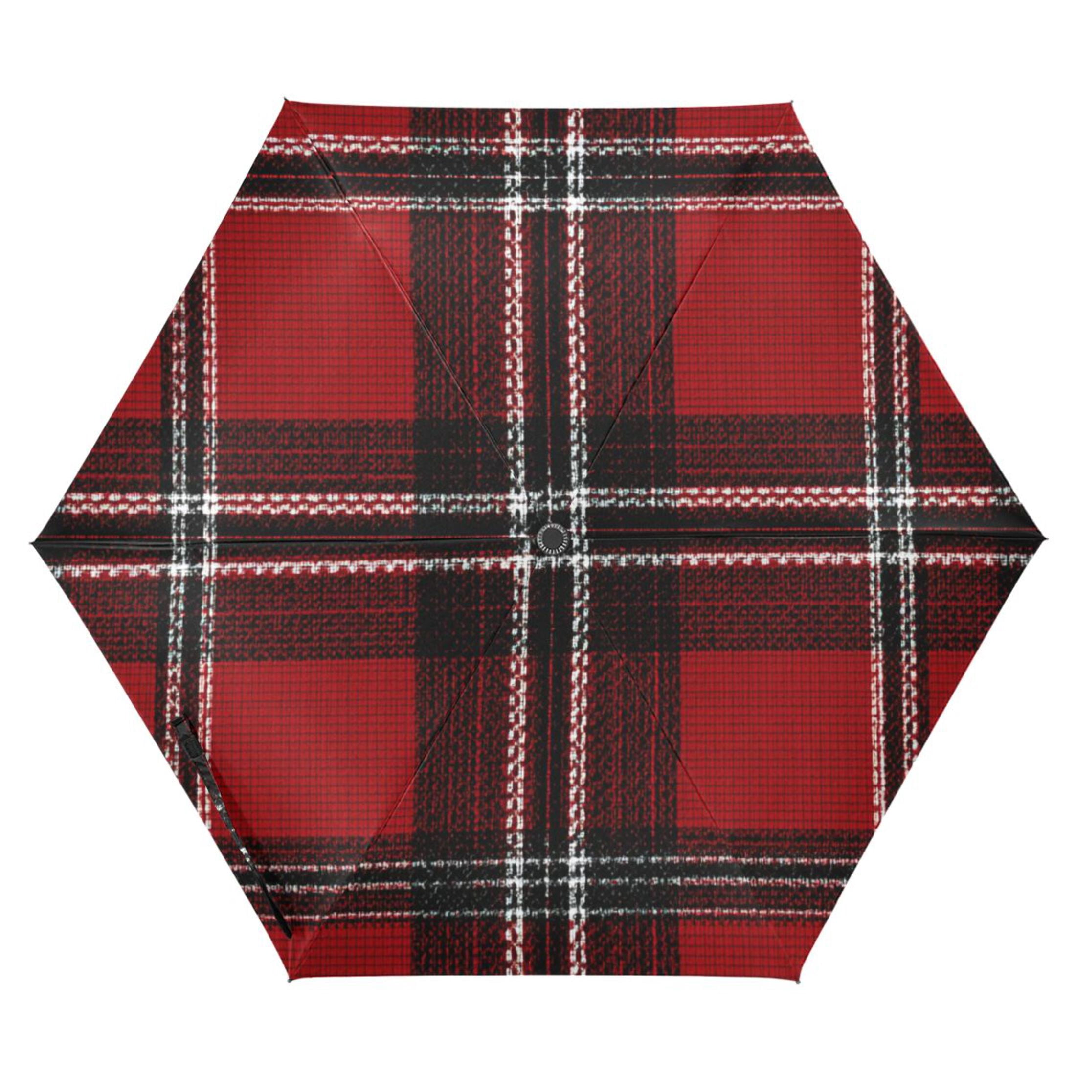 Red Black Tartan Plaids Fabric Texture All Weather Umbrella Triple Folding Parasol 6 Ribs UV Protection Portable