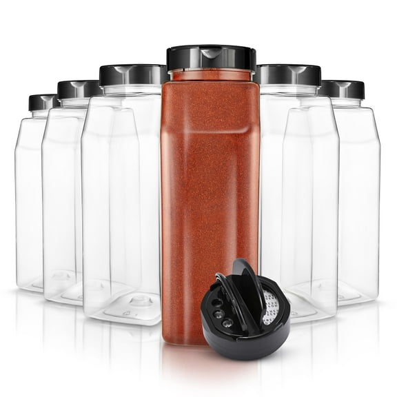 6 Pack 32 oz Plastic Spice Jars, Empty Seasoning Containers for Homemade Rub, Spices, Glitter, and More, Small Spice Containers with Black Shaker Lids and Heat-Induction Liner, Clear Spice Jars