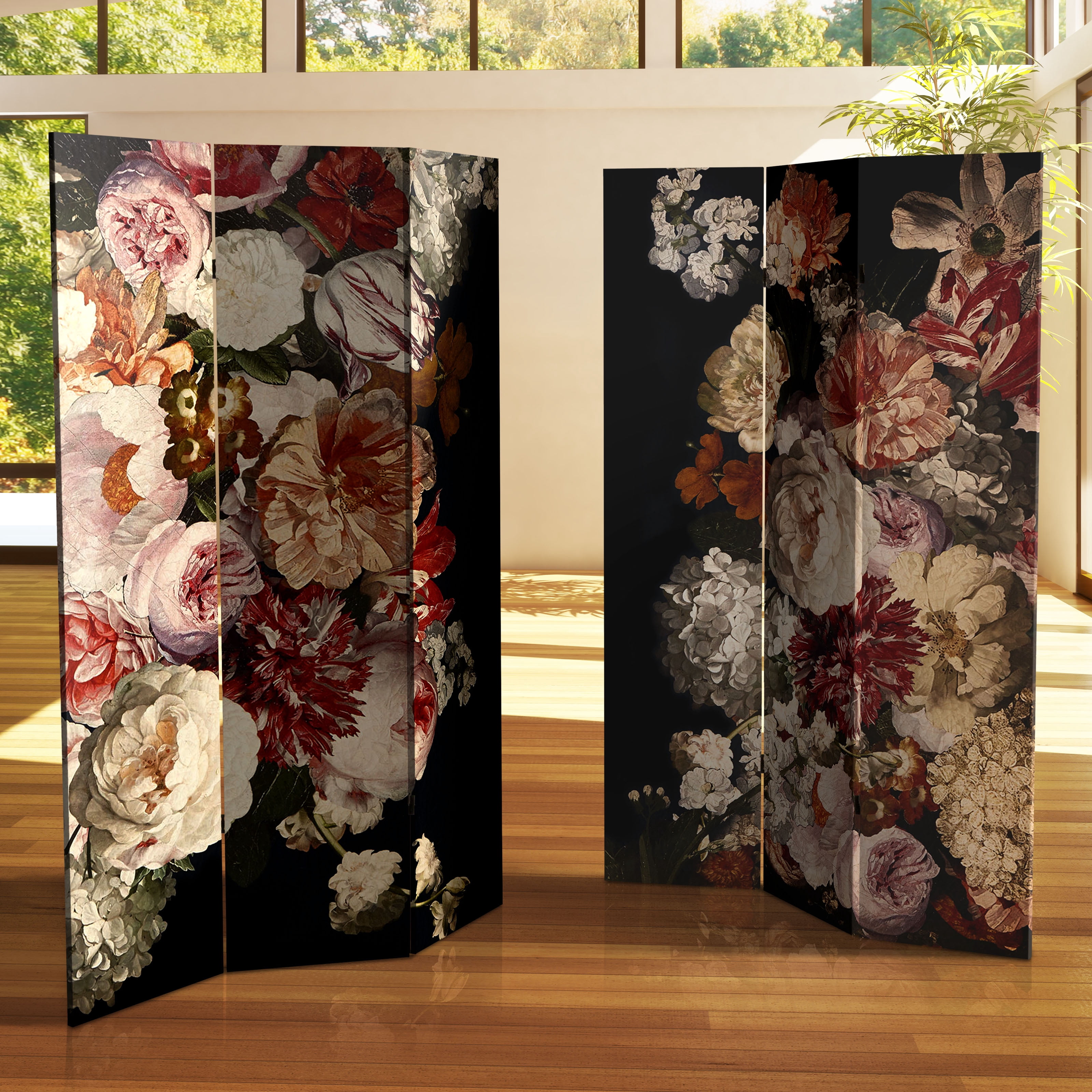 Oriental Furniture 6 ft. Tall Vintage Flowers Canvas Room Divider - 3 Panel