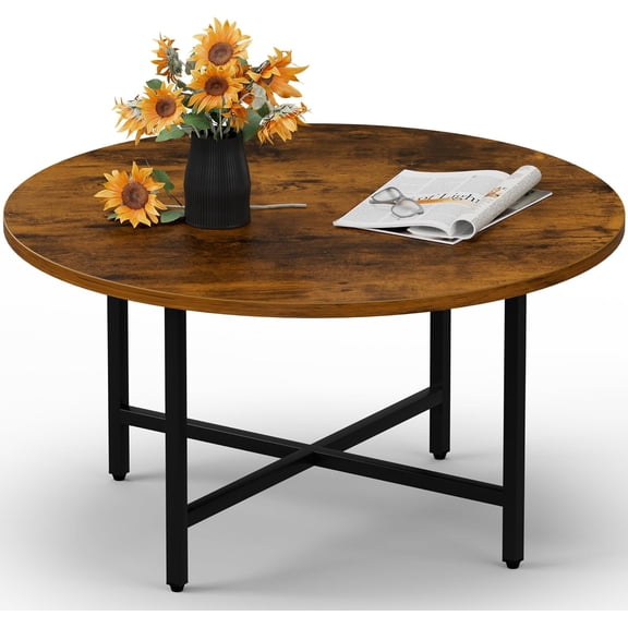 23.6" Small Brown Round Coffee Table, Metal Frame Floor or Center Table for Living Room